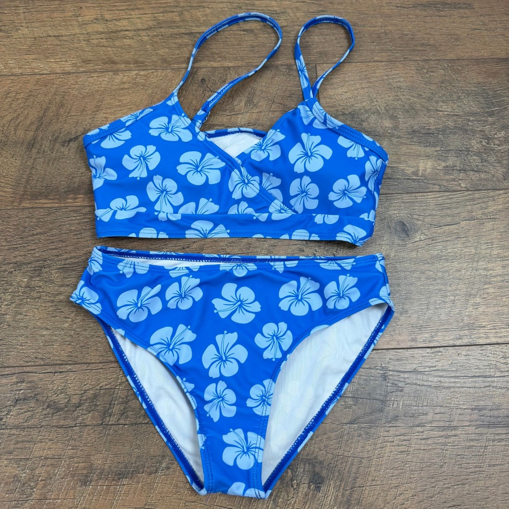 Blue Hibiscus Floral Bikini Set Kids Size 10Y Two Piece Swimsuit